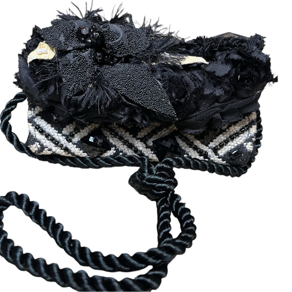 Mary Frances Beaded Evening Bag Black Ivory Floral Embellished Clutch Rope Strap